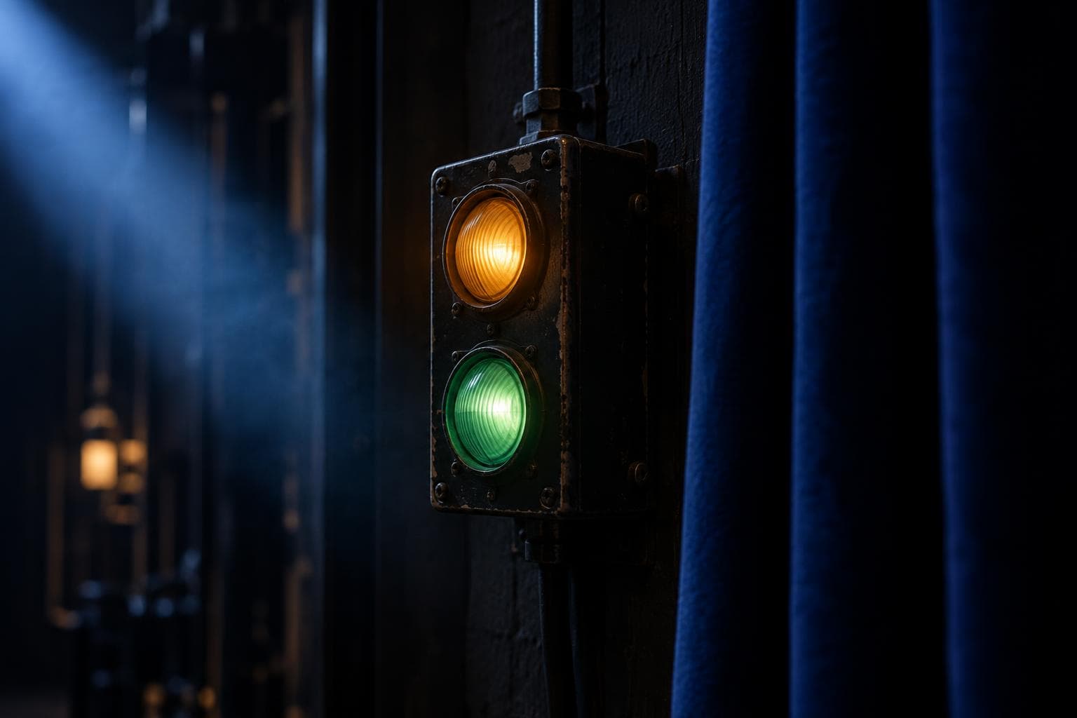 A backstage cue light in a dark theatre, its amber lamp and green lamp glowing beside a navy curtain